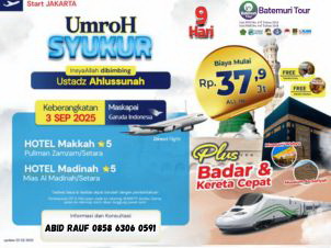 Umrah Syukur, Umrah Plus Badar ,Plus Kereta Cepat,  9 hari, Btt – KUT, keberangkatan 03 September 2025